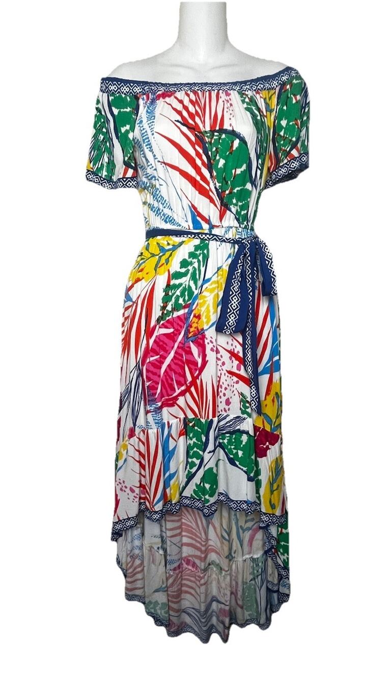 Flying Tomato Off-Shoulder Hi Lo Maxi Dress Sz Small Tropical Floral Cruise